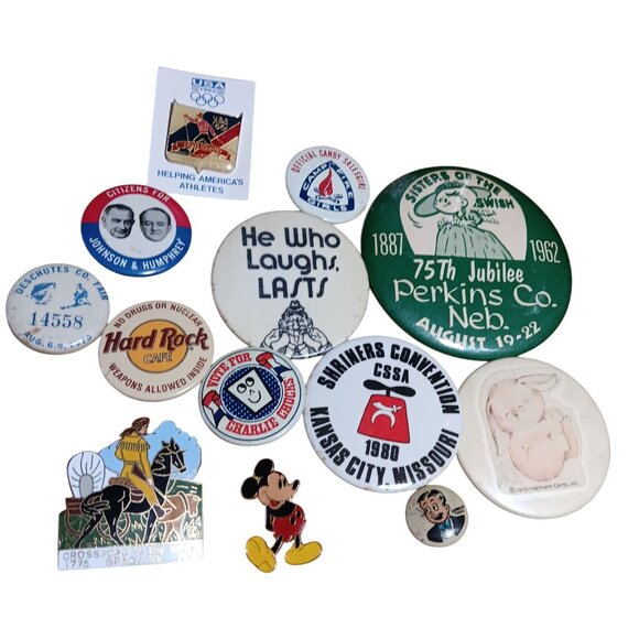 Vintage Pinback Buttons & Pins Lot - Variety Of Themes 13Ct 50s 60s 70s 80s - Picture 1 of 8
